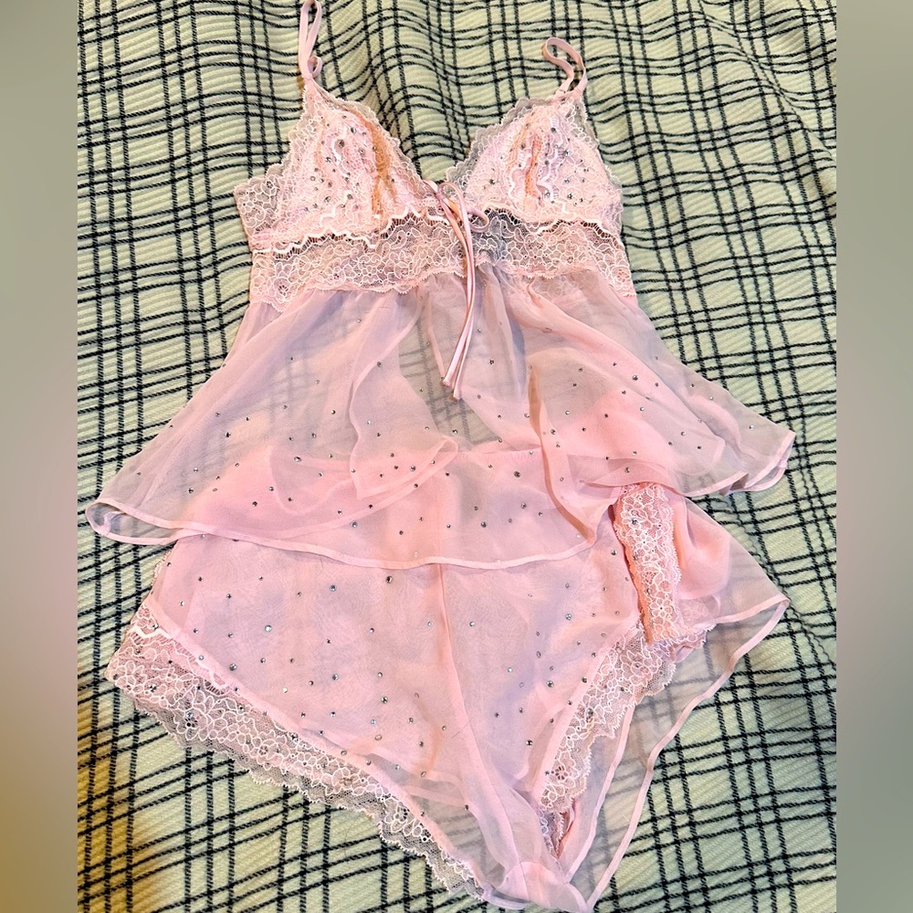 🎀🍑NWT Victoria’s Secret Lace & Rhinestone Babydoll & Shorts Set Sz XS🎀🍑